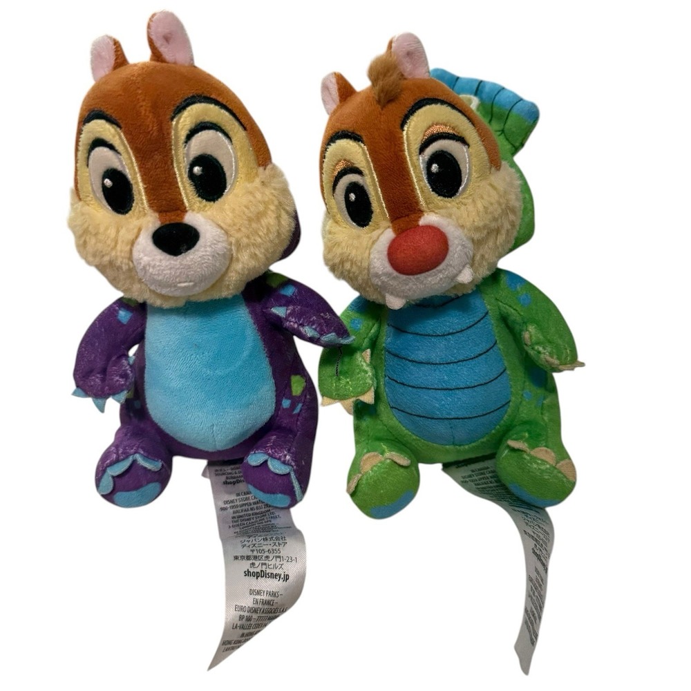 Disney Store Chip and Dale‎ Dinosaur Costume Plush Set Purple Green 6 Inch